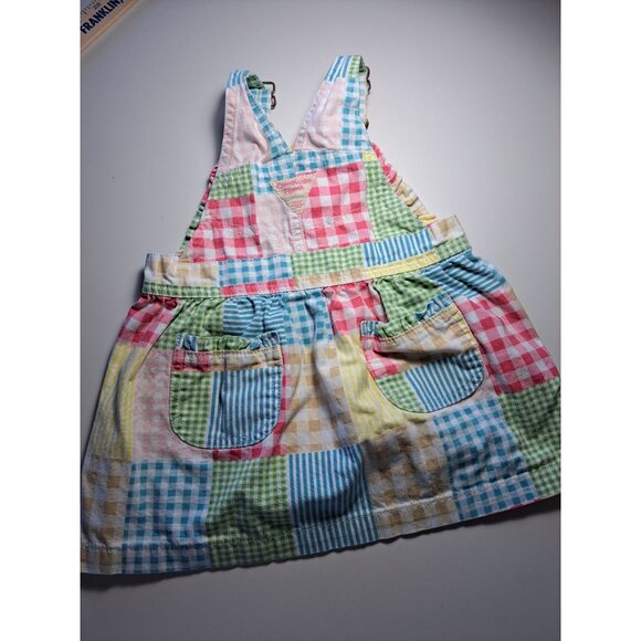 OshKosh BGosh Patchwork Overalls Dress 18M Multicolor Pastel Cotton Toddler Girl - Picture 3 of 8